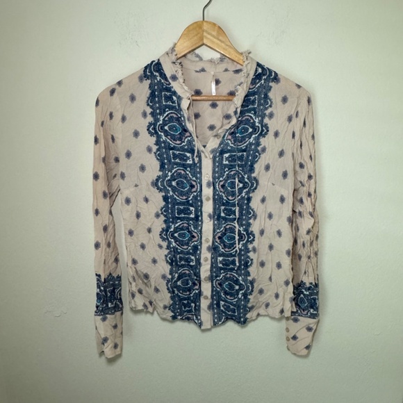 Free People Blouse Women's LG Blush Blue Multi Wishing Well Print Blouse Boho - Picture 1 of 5